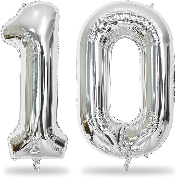 Silver 10 Balloons Number, 40 Inch Helium Foil Number 1 & 0 Balloons for 10 Year Old Birthday Decorations, Large Self Inflating Mylar Balloon for Boys 10th Birthday Party Anniversary Decor Supplies