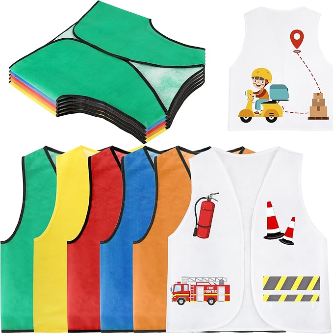 12 Pcs Kids Unfinished Dress Up Vest Children Blank DIY Career Role Play Vest Cosplay Costume Bulk for Boys Girls Halloween Pretend Play Paint Party,6 Colors