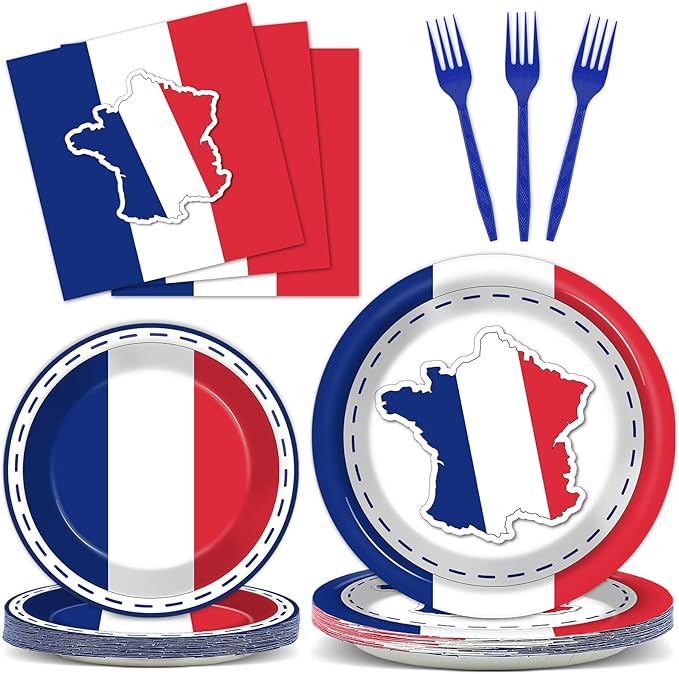 gisgfim 96Pcs France French Flag Party Supplies Paper Plates Napkins France Flag Party Tableware Set National Theme Party Decorations Favors for French Family Gathering Birthday Dining Serves 24
