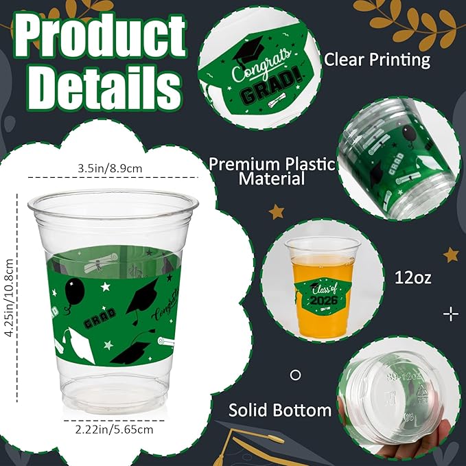 GuassLee Black and Green Graduation Decorations 2026 Party Cups - 50pcs 12 Oz Black Green Disposable Graduation Plastic Cups for Drinks Class of 2026 Grad Party Supplies