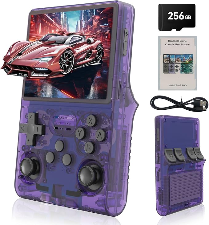 R40S Pro Handheld Game Console,30000 HD Games Mini Retro Gaming Console,3.5-Inch IPS Screen,Built in 45 Emulators,256GB SD Card,3800mAh Battery (Transparent Purple)