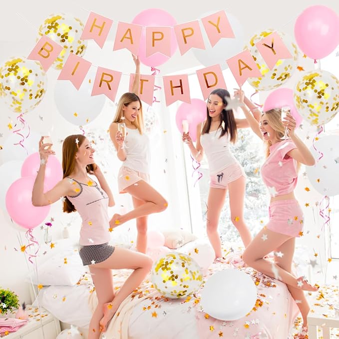 Happy Birthday Banner, Pink Birthday Decoration, 16 pcs 12 inch Happy Birthday Balloons with 2 Ribbons for Girl and Women Birthday Party Decoration