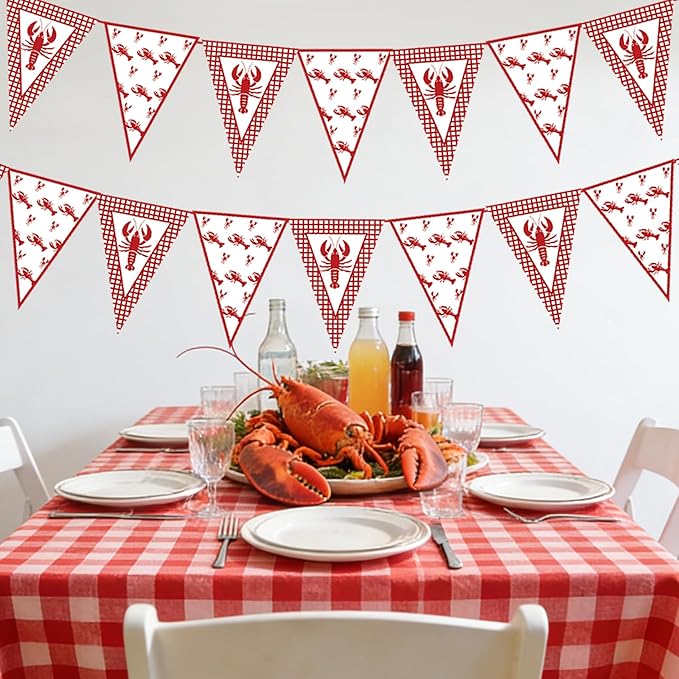 5 Pcs Crawfish Boil Party Decorations Crawfish Pennant Banner Shrimp Boil Pennant Flags Red Plaid Hanging Banner for Lobster Birthday Mardi Gras Summer Shrimp Seafood Boil Party Supplies