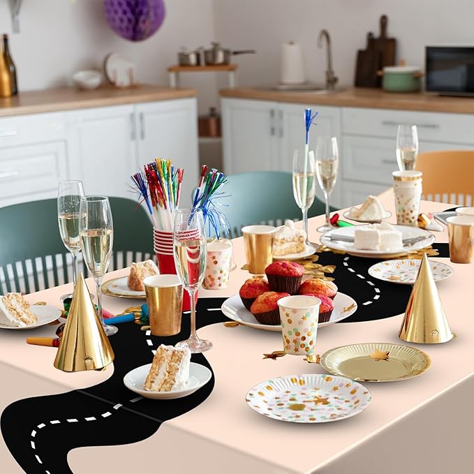 Irenare 3 Pcs Racing Table Cloths Car Birthday Party Supplies 54 x 108 Inch Racetrack Table Runner Covers Disposable Rectangular Road Tablecloth for Kids Boy Car Theme Party Decor (Khaki)