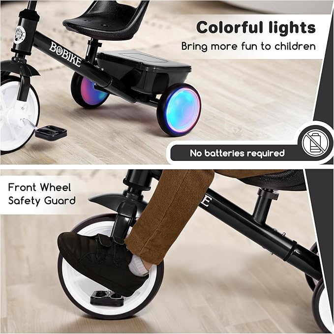 Bobike Toddler Tricycle for Ages 2-5 Years, Tricycle with 2 LED Light Wheels, Toddler Bike with 3-Position Seat and Rear Basket, Kids Bike Gift for Boys & Girl (Black)