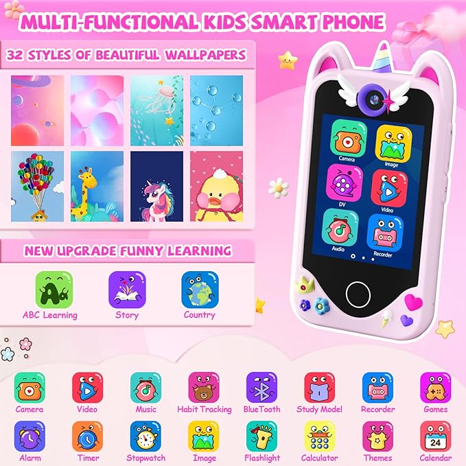 Kids Smart Phone for Girls Gifts - Toddler Christmas Birthday Gift for Age 3 4 5 6 7 8 9 10 Year Old, Kids Cell Phone Toy with Touchscreen, Dual Cameras, Learning, Music Player, Games with 32 GB Card