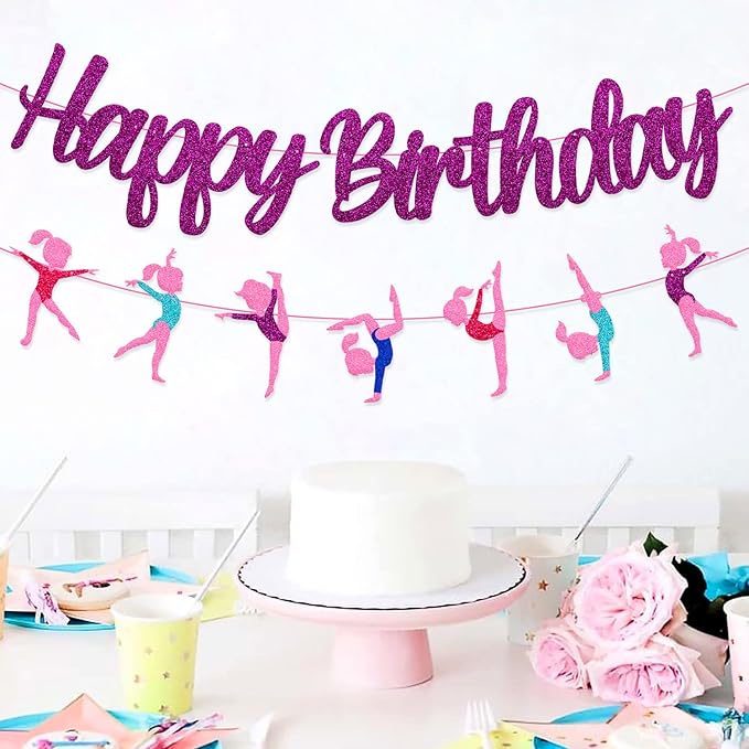 Gymnastics Birthday Banner Gymnast Theme Decoration Glitter Purple Happy Birthday Garland for Girl Gymnastics Bday Party Supplies