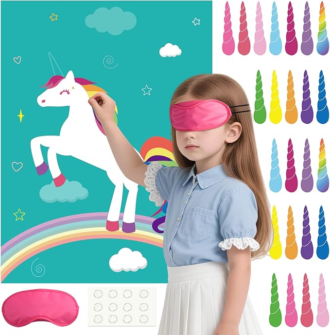 PLULON Pin The Horn On The Unicorn for Kids Birthday Party Game, Unicorn Party Supplies Favors Girls Birthday Decorations Poster Home Family Wall Decorations for Girl Boy Classroom Activities