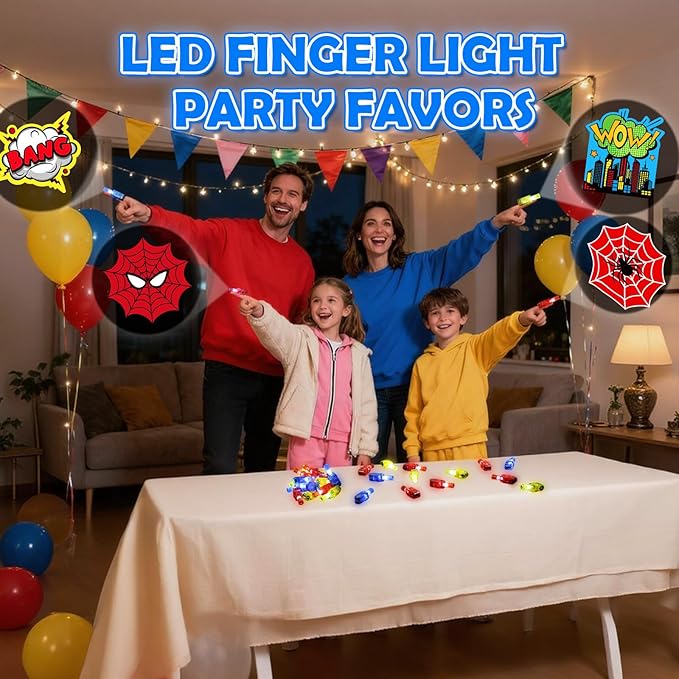 36 Pcs Spider Themed Party Favors LED Finger Lights for Kids, Superhero Glow in the Dark Party Supplies, Goodie Bag Stuffers Classroom Treasure Box Prizes for Boys Girls