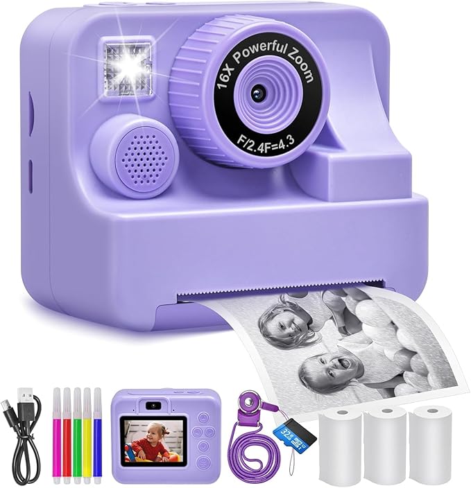 Kids Camera Instant Print, Christmas Birthday Gifts for Kids Age 3-12, Selfie Digital Camera with 1080P Videos,Toddler Portable Travel Camera Toy for 4 5 6 7 8 9 Year Old Boys (Purple)
