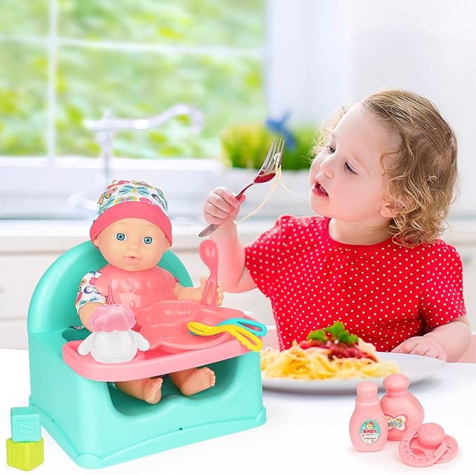 deAO Baby Doll Play Set, 25 PCS Baby Dolls Accessories with Doll High Chair Seat High Crib Toy Toilet and Bathtub Pretend Play Toys Gift for Ages 3 4 5 6 7 8 9 Girls Kids