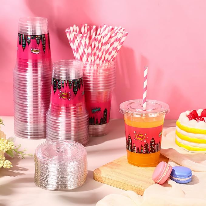 Yungyan 50 Sets Pink Hero Theme Party Plastic Cups with Lids and Straws 16 oz Coffee Juice Drinking Cups for Birthday Baby Shower Party Supplies