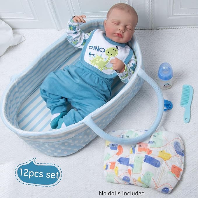 Reborn Baby Doll Clothes 12 Pcs Dinosaur Outfits Accessories for 17-22 Inch Babydolls Reborn Baby Boy Accessories Doll Bassinet Soft Crib Bed with Diaper Bottle Pacifier