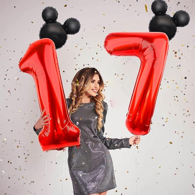Mouse Number 7 Balloon 40 Inch Red Number 7 Balloon Mini Mouse Head Balloon for 7th Birthday Party, Black Red Large Number 7 Foil Balloon for Baby Shower Anniversary Supplies Decorations