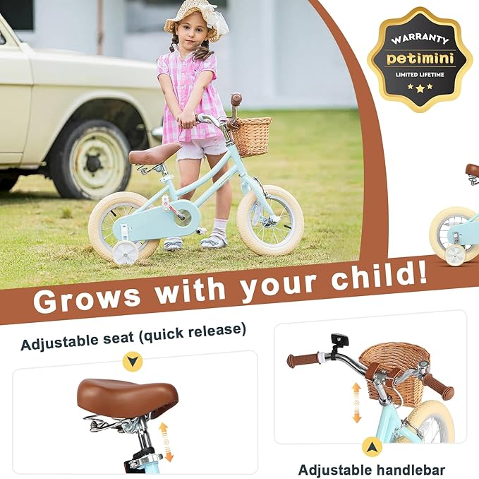 Petimini Vintage Kids Bike for Girls, 12–20 Inch Classic Bicycle with Wicker Basket & Bell, High Tensile Steel Frame, Training Wheels (12–18”), 85% Pre-Assembled, Retro Bike for Outdoor Riding
