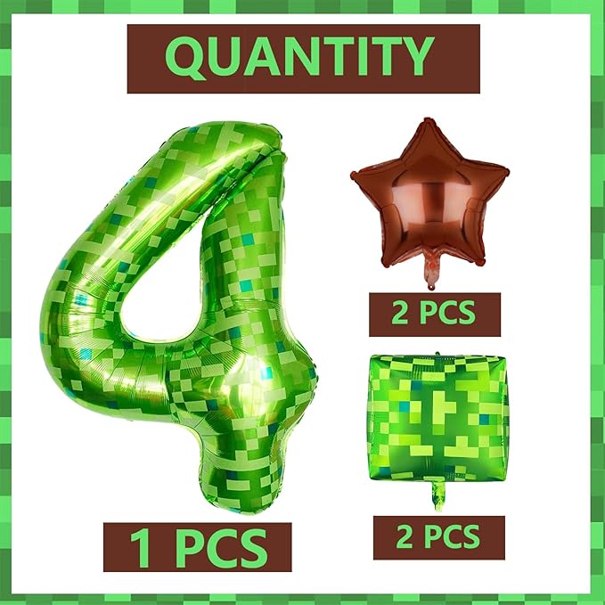 5Pcs Green Pixel Miner Number 4 Foil Balloon Set 40 Inch Large Mylar Mining Theme 4th Number Balloons Pixel Cubes Boxes Video Game Birthday Party Decorations