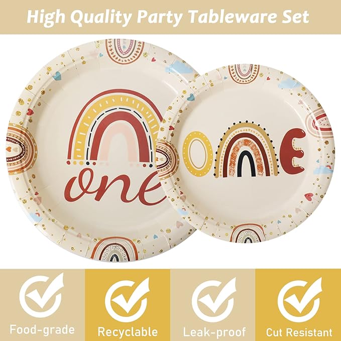 96 Pcs Boho Rainbow Party Plates and Napkins Party Supplies Boho Rainbow 1st Birthday Party Tableware Set Boho One Party Decorations Favors for Baby Girls Boys Birthday Baby Shower Serves 24
