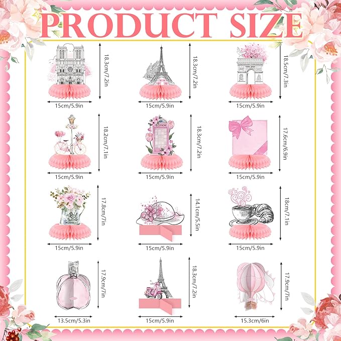 12 Pcs Paris Party Decorations Eiffel Tower Honeycomb Table Centerpieces Pink Perfume Hot Air Balloon Bicycle Paris Table Topper Decoration for French Birthday Party Favors Supplies
