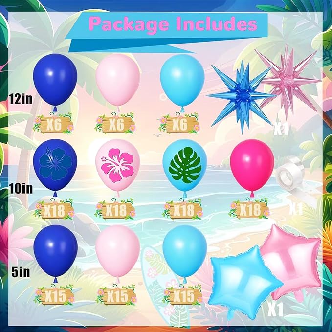 141 PCS Blue Pink Light Blue Balloon Garland Arch Kit, Hawaiian Cute Print Balloons for Cartoon Themed Birthday Party Decorations Boys Girls Gatherings Party Supplies