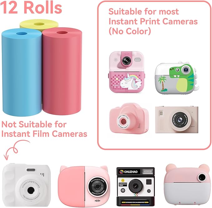 Kids Instant Camera Refill Print Paper, 12 Rolls Paper Roll Refill, Thermal Printer Paper for Most Kids Instant Print Camera(Multi-colored)