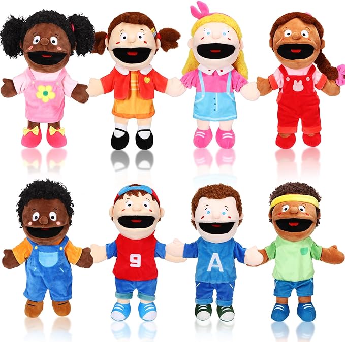 Lenwen 8 Piece Kids Hand Puppet Gifts Set 12 Inch Multicultural Plush Hand Puppets with Movable Mouth, Suitable for Classroom Interaction