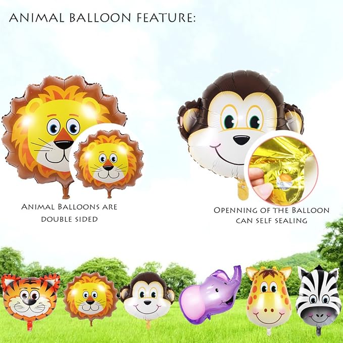 Jungle Safari Birthday Party Decorations - 6 Pack Giant Animal Balloons for Boy Kids' Safari Jungle Baby Shower Wild One Birthday Zoo Party Decorations