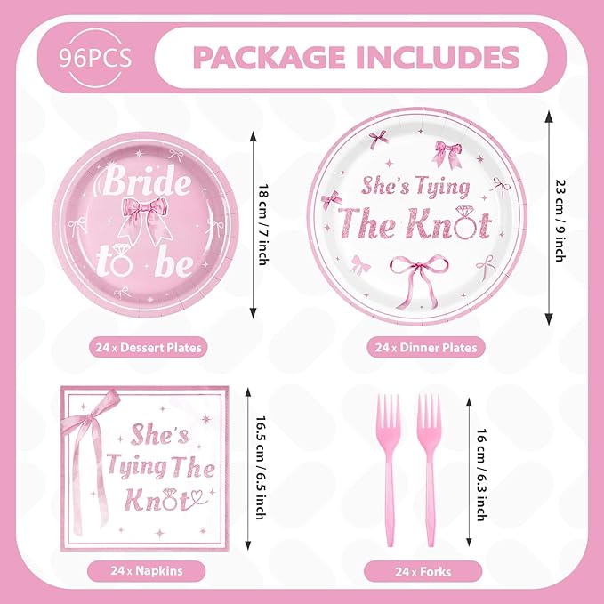 Grencian 96Pcs Pink Bow Bridal Shower Decorations Pink Bow Bride to Be Party Plates She's Tying The Knot Paper Tableware for Wedding Engagement Bride Groom Bachelorette Party Supplies, Serves 24