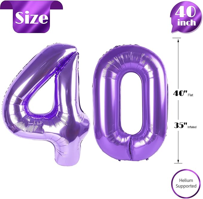 Purple Number 40 Balloon 40 inch, 40 Number Balloons, 40th Purple Birthday Decorations, 40 Year Old Girls Boys Party Supplies