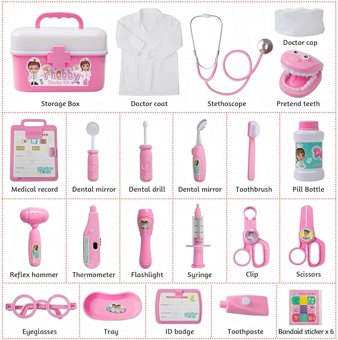 Durable Doctor Kit for Kids, 27 Pcs Deluxe Pretend Play Set Medical Toy with Real Stethoscope for Toddlers Boys Girls Birthday Gift Aged 3 4 5 6 7 8(Pink)