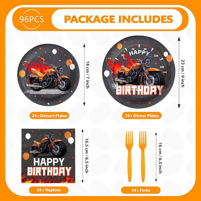 96Pcs Motorcycle Birthday Party Decorations Dirt Bike Birthday Paper Plates and Napkins Sets Black and Orange Dirt Bike Motorbike Decorations for Boys Motorcycle Theme Bday Party Supplies Serves 24