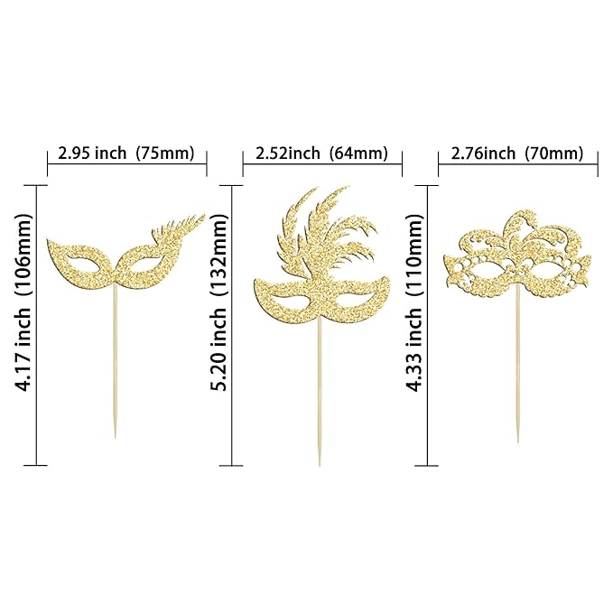 Gyufise 24Pcs Masquerade Masks Cupcake Toppers Gold Glitter Bachelorette Party Mask Cupcake Food Fruit Picks Masquerade Mardi Gras Party Baby Shower Birthday Party Cake Decorations