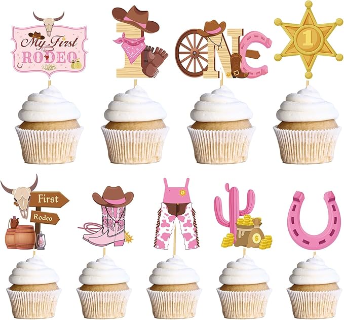 My First Rodeo Decorations Girls, 36PCS Western First Rodeo Cupcake Toppers Birthday Decor, Cowgirl 1st Birthday Party Decor Supplies