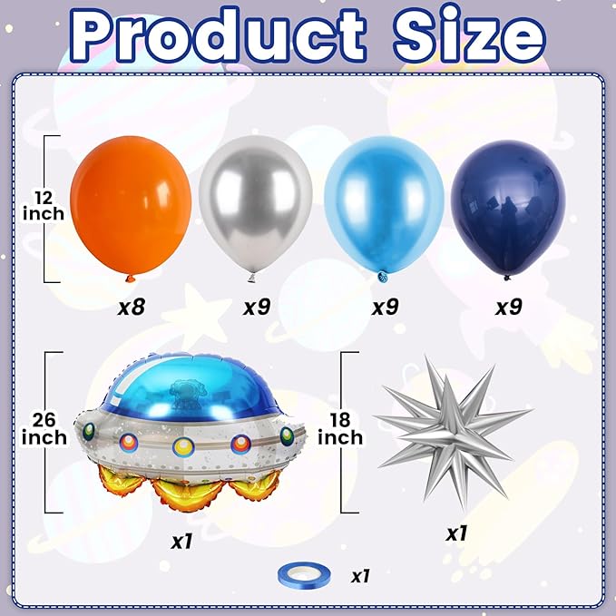 Outer Space Balloons, 12 Inch Orange Metallic Silver Blue Dark Blue Balloons with UFO and Silver Star Foil Balloon for Boys Galaxy Birthday Baby Shower Space Themed Party Decorations