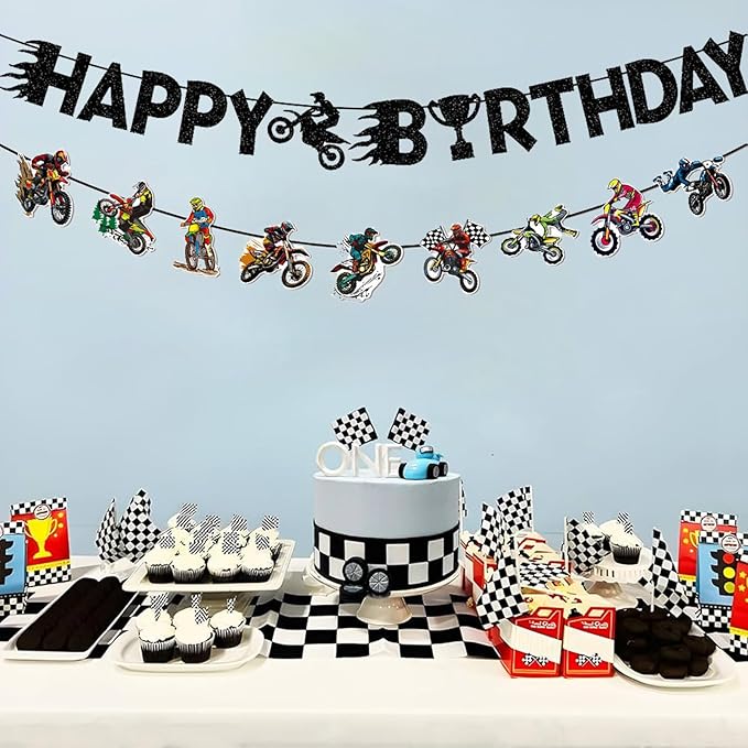 Zwiebeco Motorcycle Happy Birthday Party Decoration Banner Bunting Garland Hanging Paper for Harley Inspired Dirt Bike Racing Theme Boys Girls Men Women Kids Adults Birthday Decor Accessories Supplies