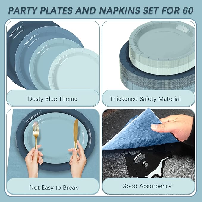 180Pcs Dusty Blue Paper Plates Party Supplies Paper Plates and Napkins Serve 60 Disposable Tableware Set for Birthday Party Decorations Game Day Family Holiday Sports Events