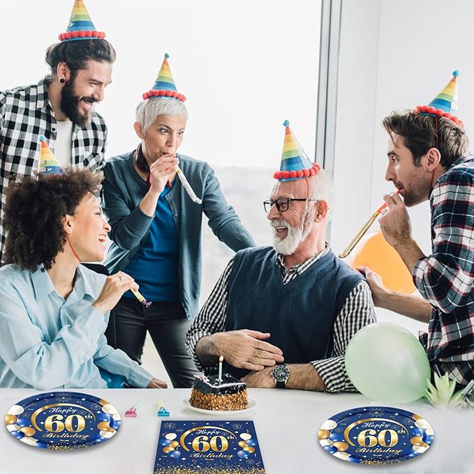 40PCS 60 Birthday Decorations for Men Navy Blue and Gold 60th Birthday Party Disposable Dinnerware Set Plates, Paper Napkins Party Supplies for Men Cheers to 60 Years