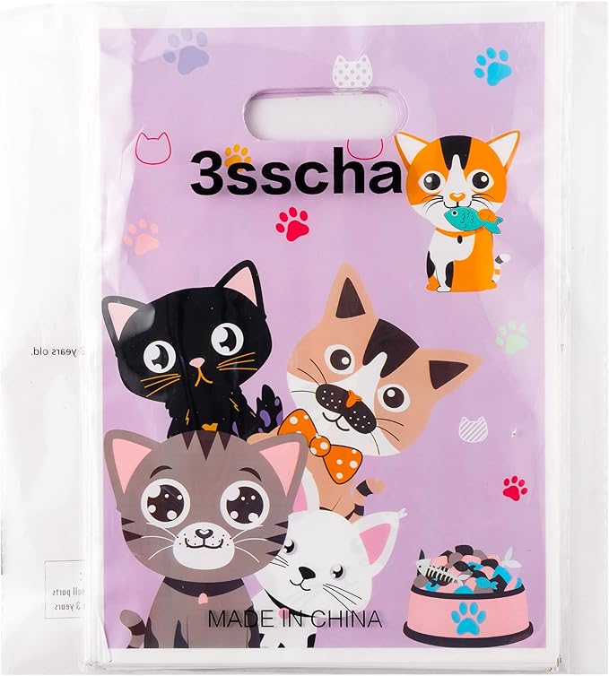 3sscha 50Pcs Cat Party Favor Bags Cute Kitten Themed Purple Waterproof Goodies Cookies Bag with Die Cut Handles Animals Pet Paw Glossy Plastic Gift Pack for Kid Birthday Party Decoration Supplies