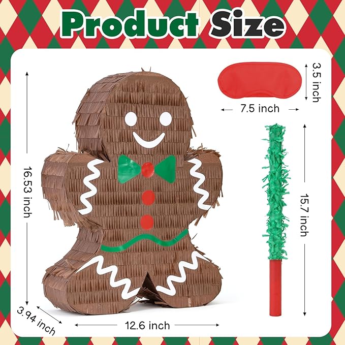 Christmas Gingerbread Man Pinatas Bundle with a Blindfold and Bat (Small Size 16.5x12.5x4 Inches), Holiday Theme Piñata, Christmas Party Supplies, Xmas Piñata, Party Decoration Games