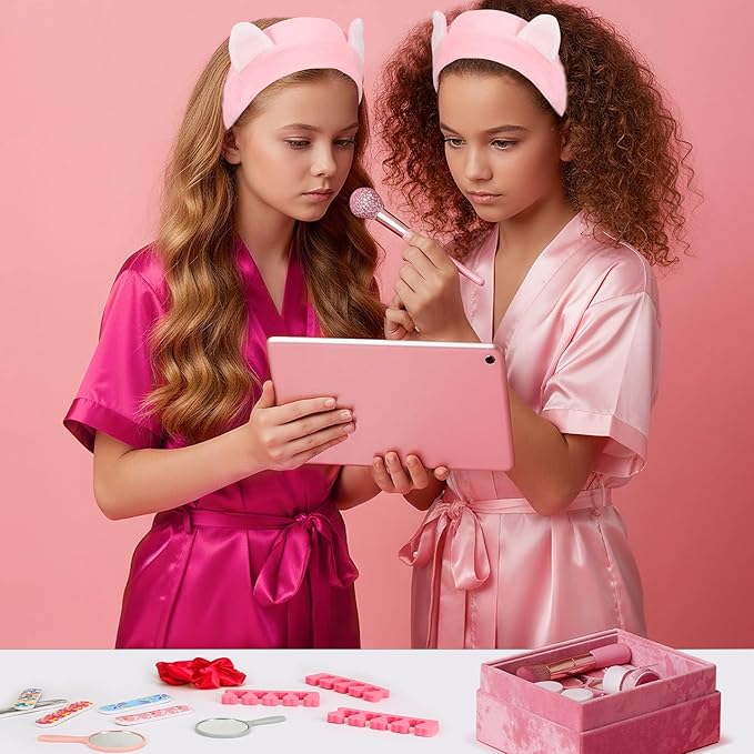 122 Pcs (9 Pink, 1 Hot Pink) Girls Spa Party Kit, 10 Pack Slumber Party Favors with Satin Robes, Tote Bags, and Nail Salon Accessories for Kids Spa Birthday, Halloween, Home Party Supplies