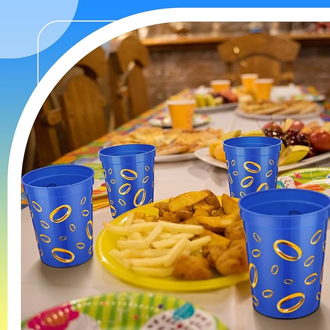 Qinyoung 24 Pcs Blue with Gold Ring Print Themed Birthday Party Supplies Plastic Cups Reusable 16oz Cups for Cartoon Theme Birthday Party Holiday Events Decoration Favors