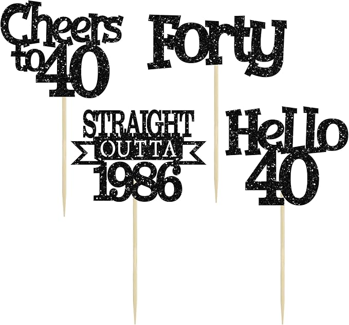 Ephlyn 24Pcs Happy 40th Birthday Cupcake Toppers Glitter Forty Cupcake Picks Hello 40 Cheers to 40 Years Birthday Cake Decorations for 40th Birthday Anniversary Party Supplies Black