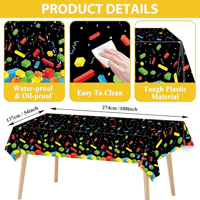 gisgfim Building Blocks Birthday Party Supplies Paper Plates Napkins Colorful Building Block Party Tableware Set for Boys Kids Birthday Decorations Includes Plates, Napkins, Tablecloths Serves 20