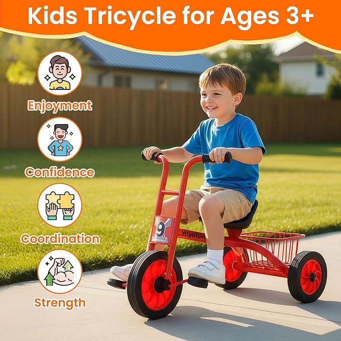 Kids Tricycle for Ages 3-8, Adjustable Seat Kids Trike, Preschool Daycare Toddler Tricycle Bike with Rubber Wheels and Storage Basket, Gifts and Toys for Boys and Girls