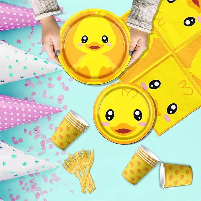 Rubber Duck Party Supplies,Happy Birthday Duckie Tableware Set Duck Plates Yellow Baby Shower Napkins Cups for Waddle It Be Gender Reveal Party,One Lucky Duck Birthday Decorations