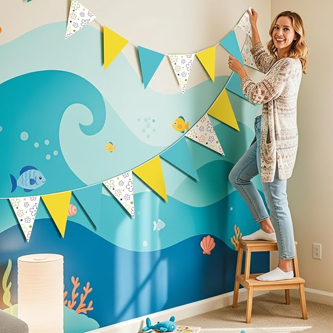 Jetec 5 Pack 49 ft Cartoon Sponge Theme Pennant Banner, Triangle Flags Bunting Garland, Birthday Party Decorations, Baby Shower Supplies, Outdoor Indoor Cartoon Theme Banner Sponge Decor