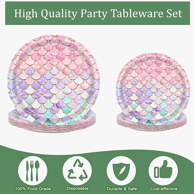 48 Pcs Mermaid Birthday Party Decorations Plates Set for 24 Guests,Little Mermaid Party Supplies Ocean under the Sea Party Tableware Plate for Princess Girls Baby Shower