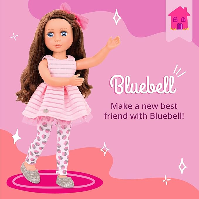 Glitter Girls – 14-Inch Fashion Doll – Brown Hair & Blue Eyes – Pink Dress, Glittery Shoes & Hairbow – Dolls for Girls 3+ Years – Bluebell