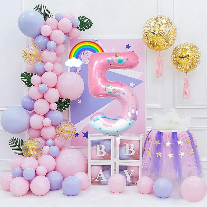 Unicorn Birthday Decorations, 40inch Unicorn Number 5 Balloons for Rainbow Unicorn Party Supplies (5)