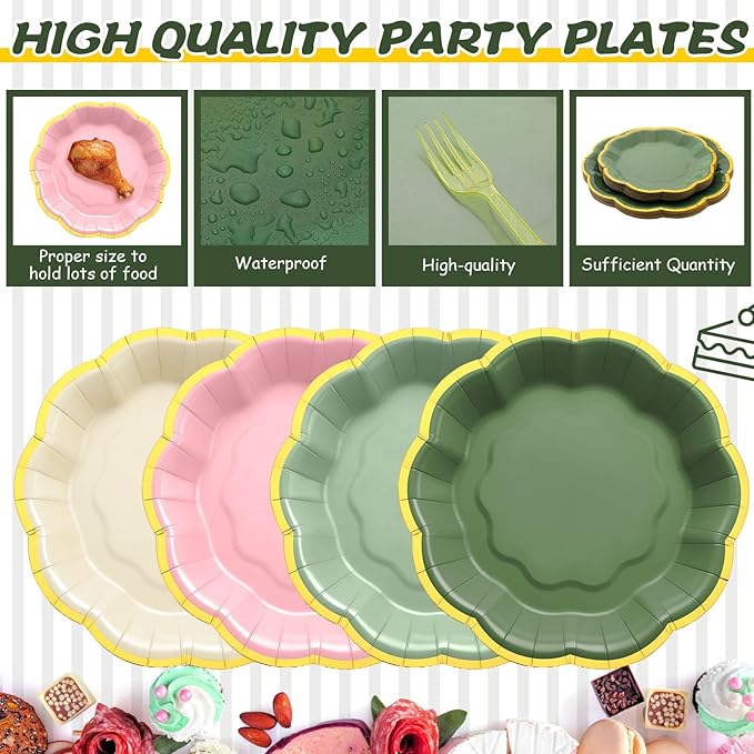 96 Pcs Pink Sage Green Gold Plates Party Supplies Severs, Guests Disposable Party Decorations, 7'' and 9'' Scalloped Paper Plates, Cocktail Napkins Plastic Forks for Birthday Wedding
