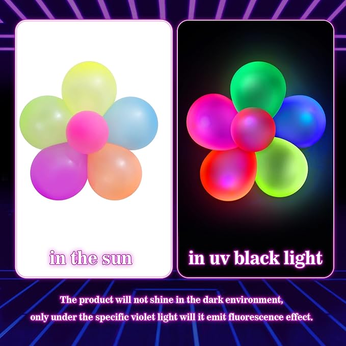 110 Pcs UV Neon Balloons, 7 Colors Blacklight Reactive Fluorescent Balloons Glow in the Dark Birthday Decorations for Birthday, Wedding, Neon Party, Glow Party Decorations Supplies